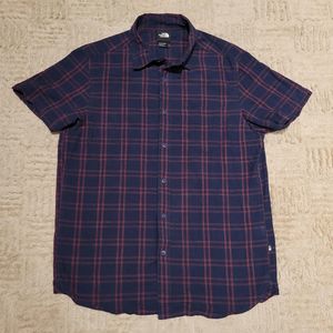 The North Face Short Sleeve Button Shirt Medium Navy Blue Red Check Cotton